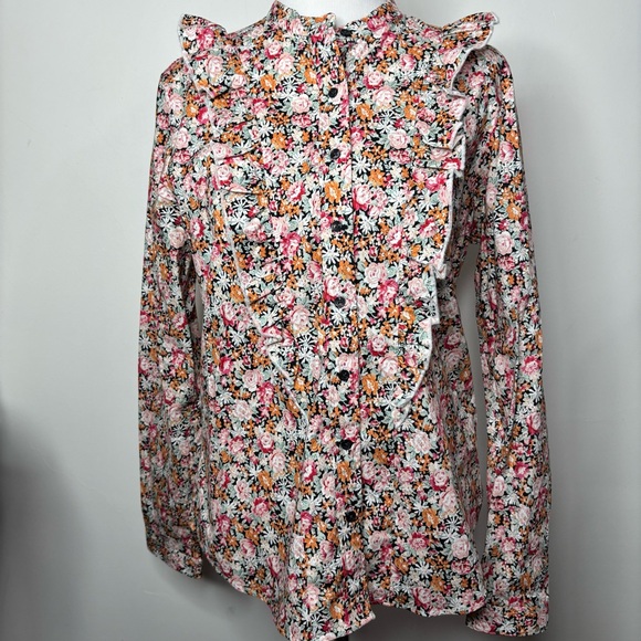 The Shirt By Rochelle Behrens Women's Ruffle Floral Long Sleeve Button Up Shirt - Picture 3 of 13